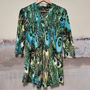LA CERA‎ Top Women's M Blue Black Peacock Feather Print Tunic Pintuck Boho Artsy